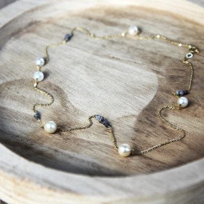 14 krt geel gouden ankercollier met parels en diamanten